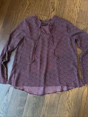 bobeau Burgundy Polka Dot Tie-Neck Blouse